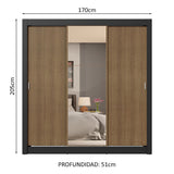 Placard Matrimonial 3 Puertas Corredizas con Espejo 4 Cajones Negro/Marrón Sublime Plus