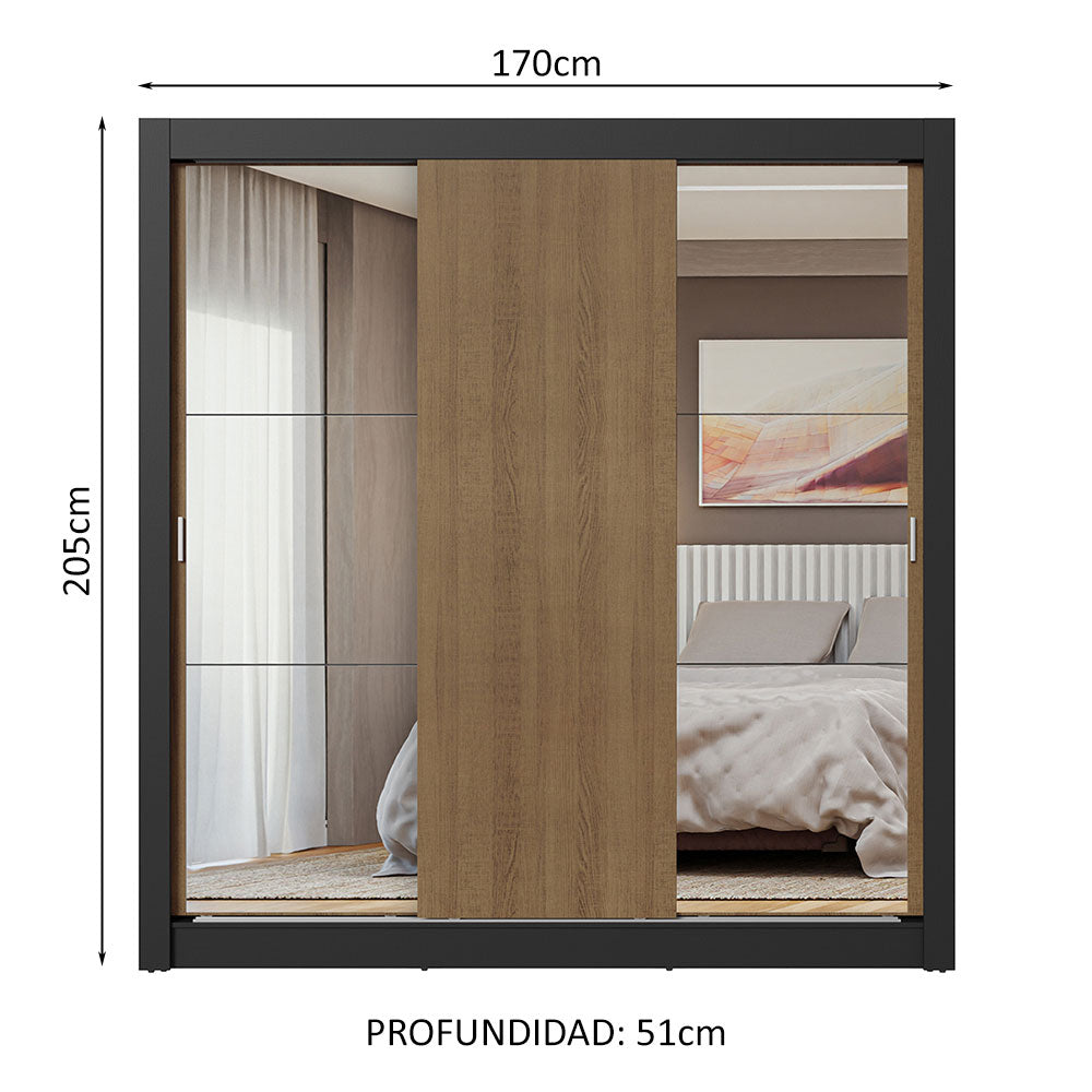 Placard Matrimonial 3 Puertas Corredizas con Espejos Negro/Marrón Nobre