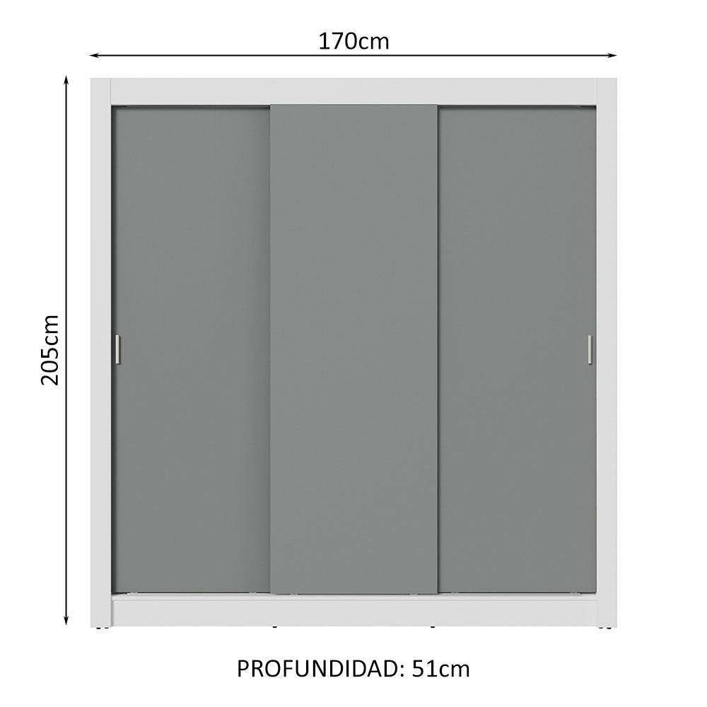 Placard Matrimonial 3 Puertas Corredizas Blanco/Gris Nobre