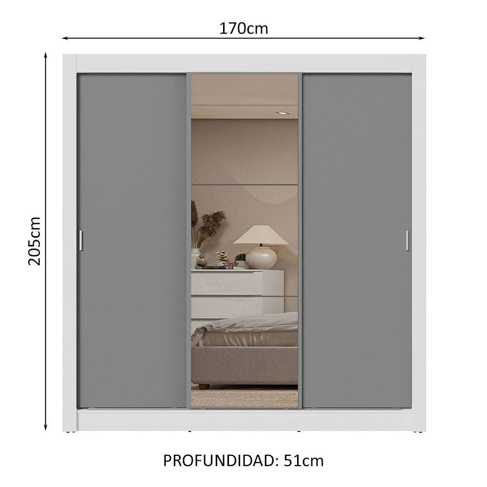 Placard Matrimonial 3 Puertas Corredizas con Espejos 4 Cajones Blanco/Gris Sublime Plus