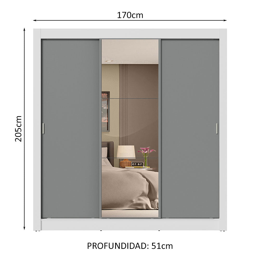 Placard Matrimonial 3 Puertas Corredizas con Espejo 4 Cajones Blanco/Gris Sublime Plus