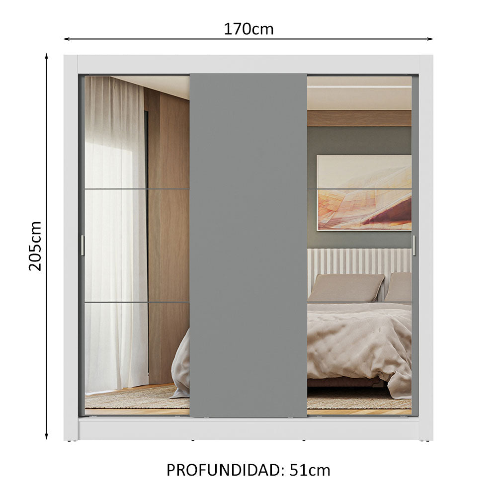 Placard Matrimonial 3 Puertas Corredizas con Espejo Blanco/Gris Nobre