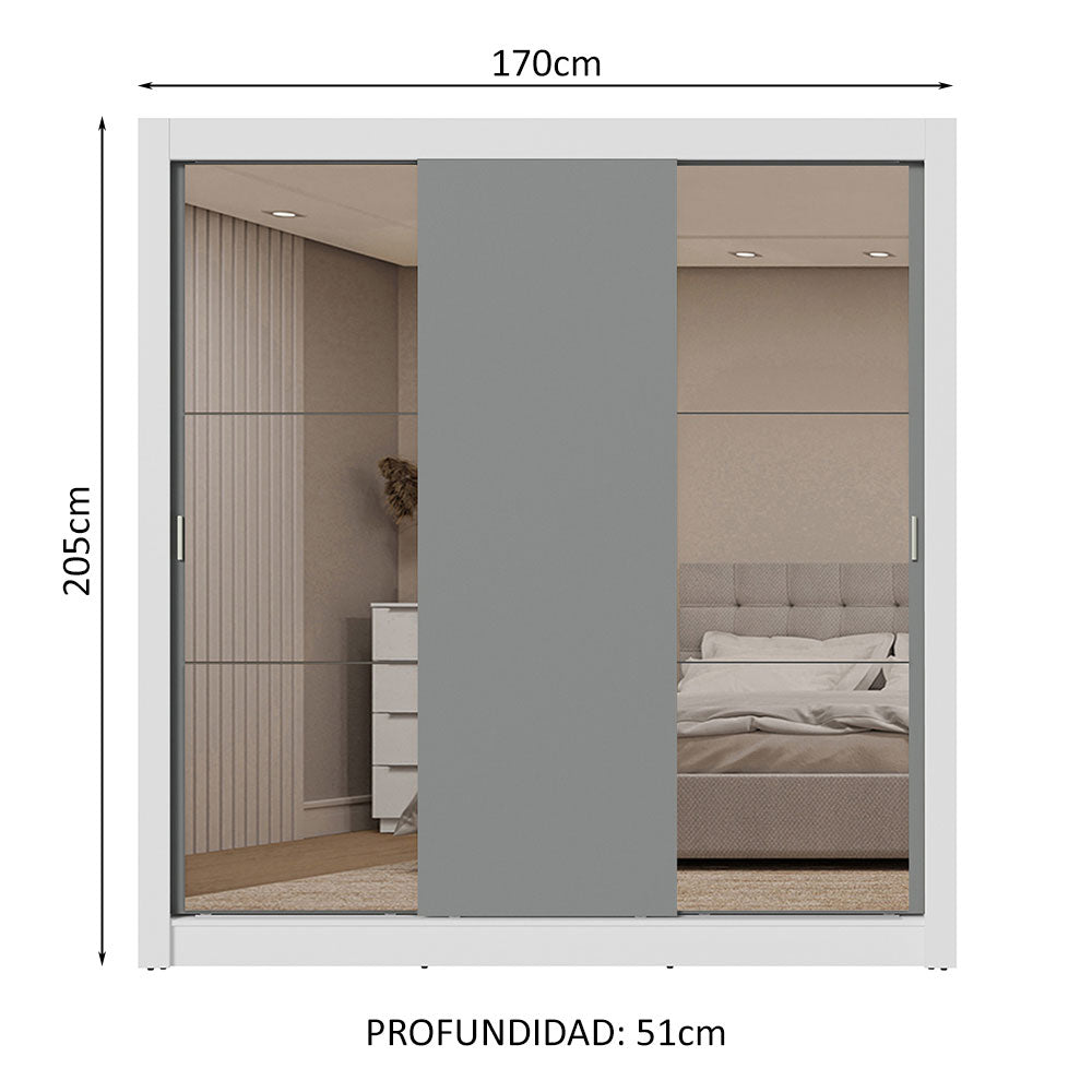 Placard Matrimonial 3 Puertas Corredizas con Espejo 2 Cajones Blanco/Gris Sublime