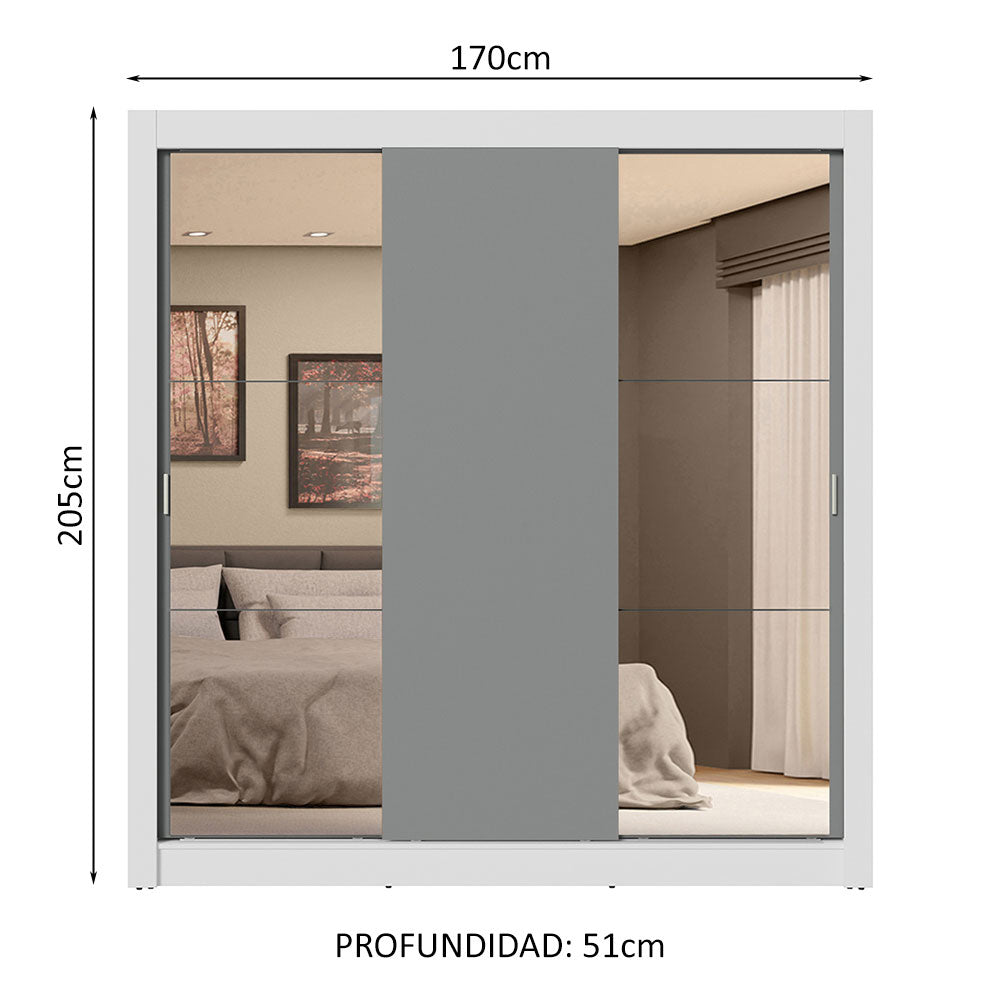 Placard Matrimonial 3 Puertas Corredizas con Espejos 4 Cajones Blanco/Gris Sublime Plus