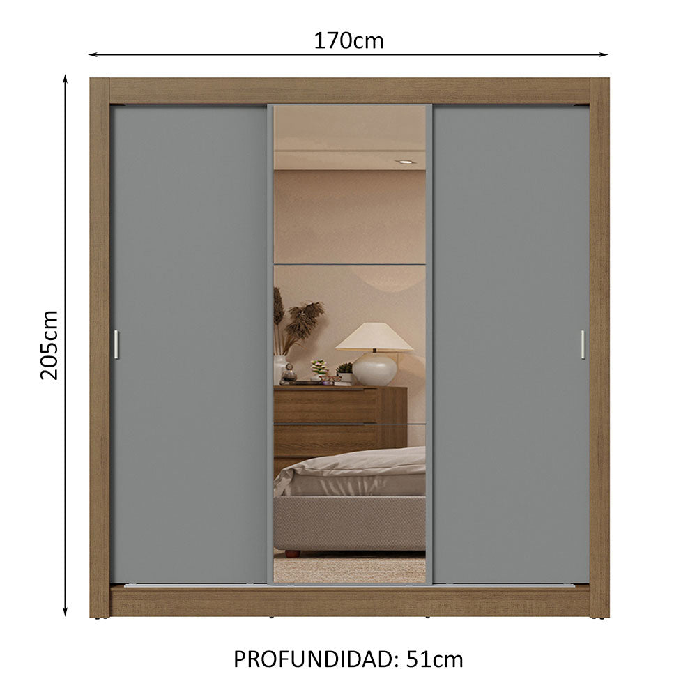 Placard Matrimonial 3 Puertas Corredizas con Espejos 2 Cajones Marrón/Gris Sublime