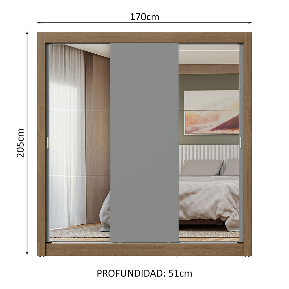 Placard Matrimonial 3 Puertas Corredizas con Espejo Marrón/Gris Nobre