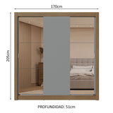 Placard Matrimonial 3 Puertas Corredizas con Espejo 2 Cajones Marrón/Gris Sublime