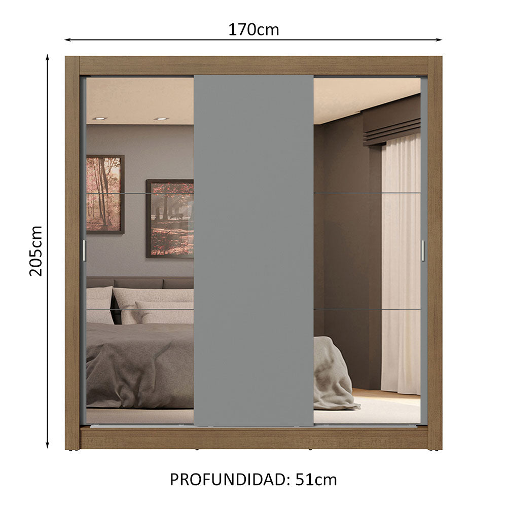 Placard Matrimonial 3 Puertas Corredizas con Espejo 4 Cajones Marrón/Gris Sublime Plus