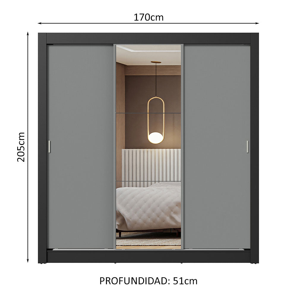 Placard Matrimonial 3 Puertas Corredizas con Espejos Marrón/Gris Nobre