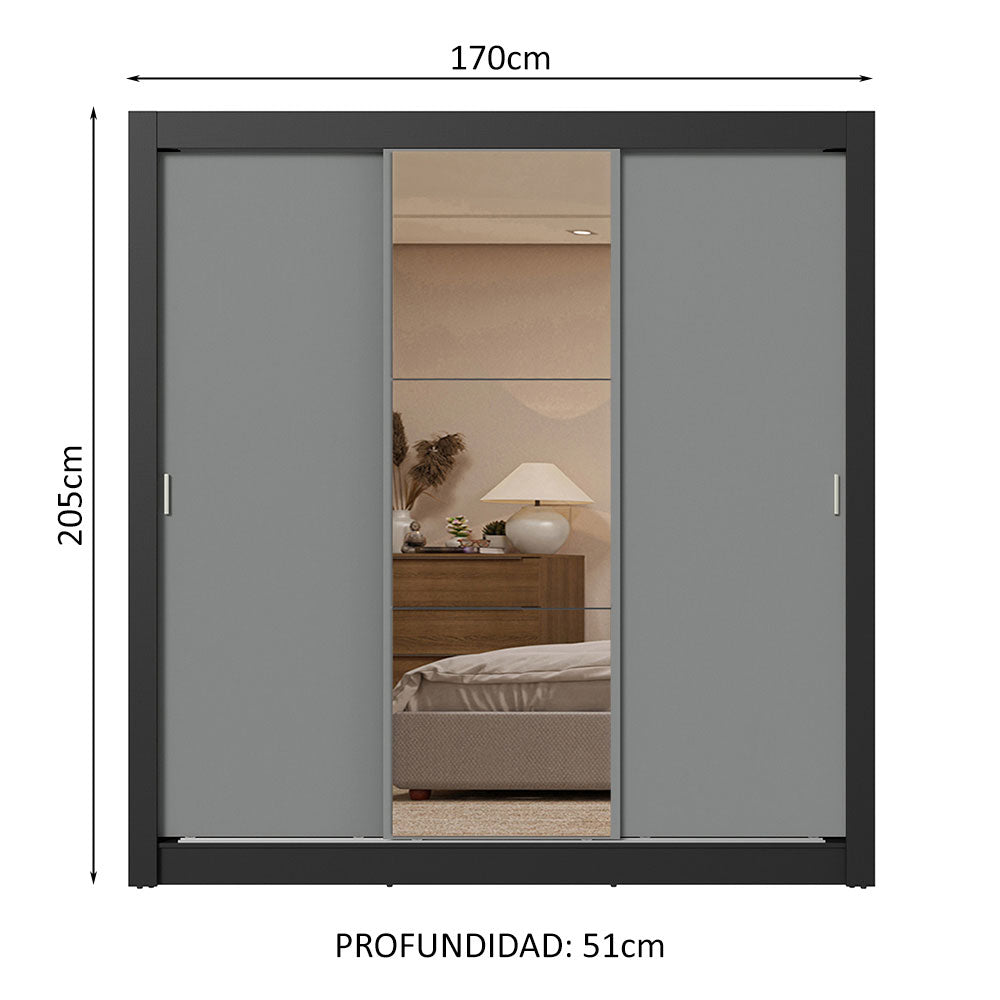 Placard Matrimonial 3 Puertas Corredizas 2 Cajones Negro/Gris Sublime