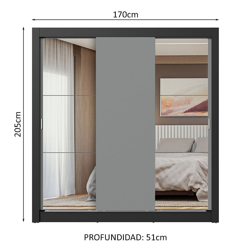 Placard Matrimonial 3 Puertas Corredizas con Espejo Negro/Gris Nobre