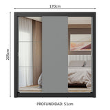 Placard Matrimonial 3 Puertas Corredizas con Espejo Negro/Gris Nobre