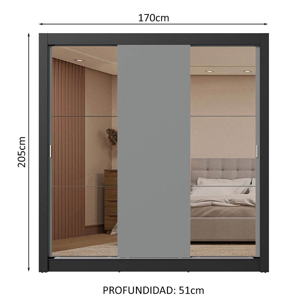 Placard Matrimonial 3 Puertas Corredizas con Espejo 2 Cajones Negro/Gris Sublime