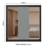 Placard Matrimonial 3 Puertas Corredizas con Espejo 2 Cajones Negro/Gris Sublime