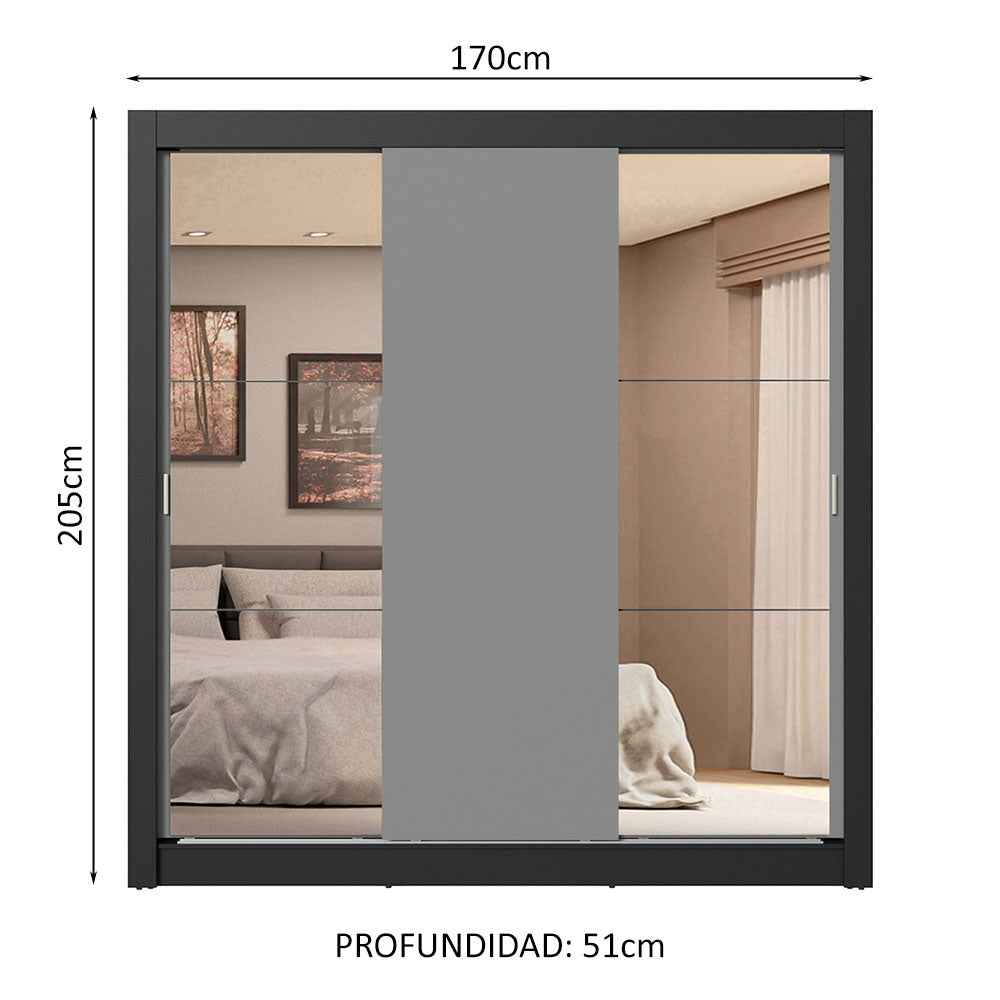 Placard Matrimonial 3 Puertas Corredizas con Espejo 4 Cajones Negro/Gris Sublime Plus
