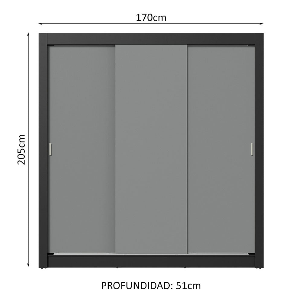 Placard Matrimonial 3 Puertas Corredizas 2 Cajones Negro/Gris Sublime