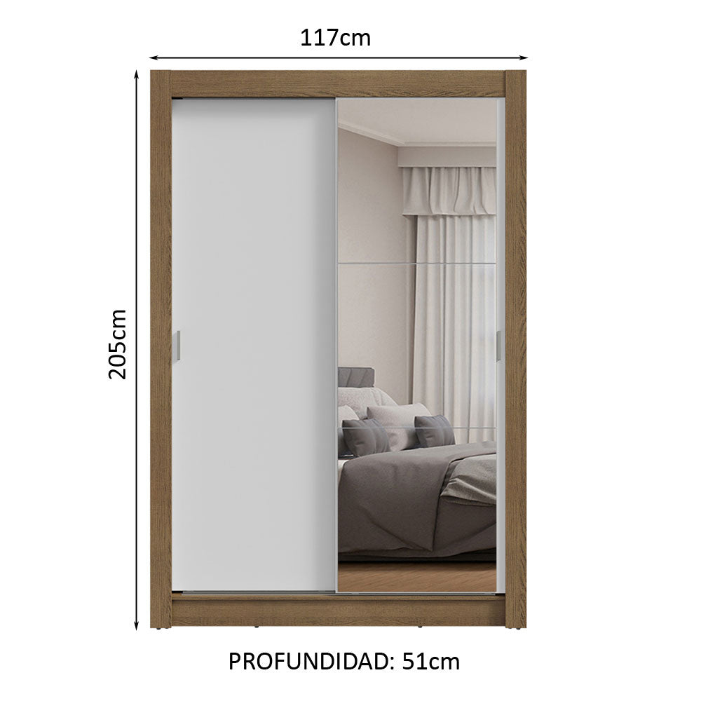 Placard Soltero 2 Puertas Corredizas con Espejo Marrón/Blanco Milano