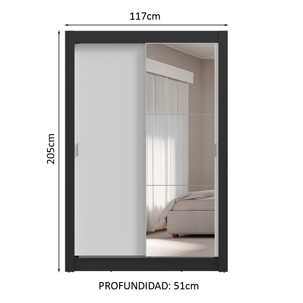 Placard 2 Puertas Corredizas con Espejo 4 Cajones Negro/Blanco Vivare Plus