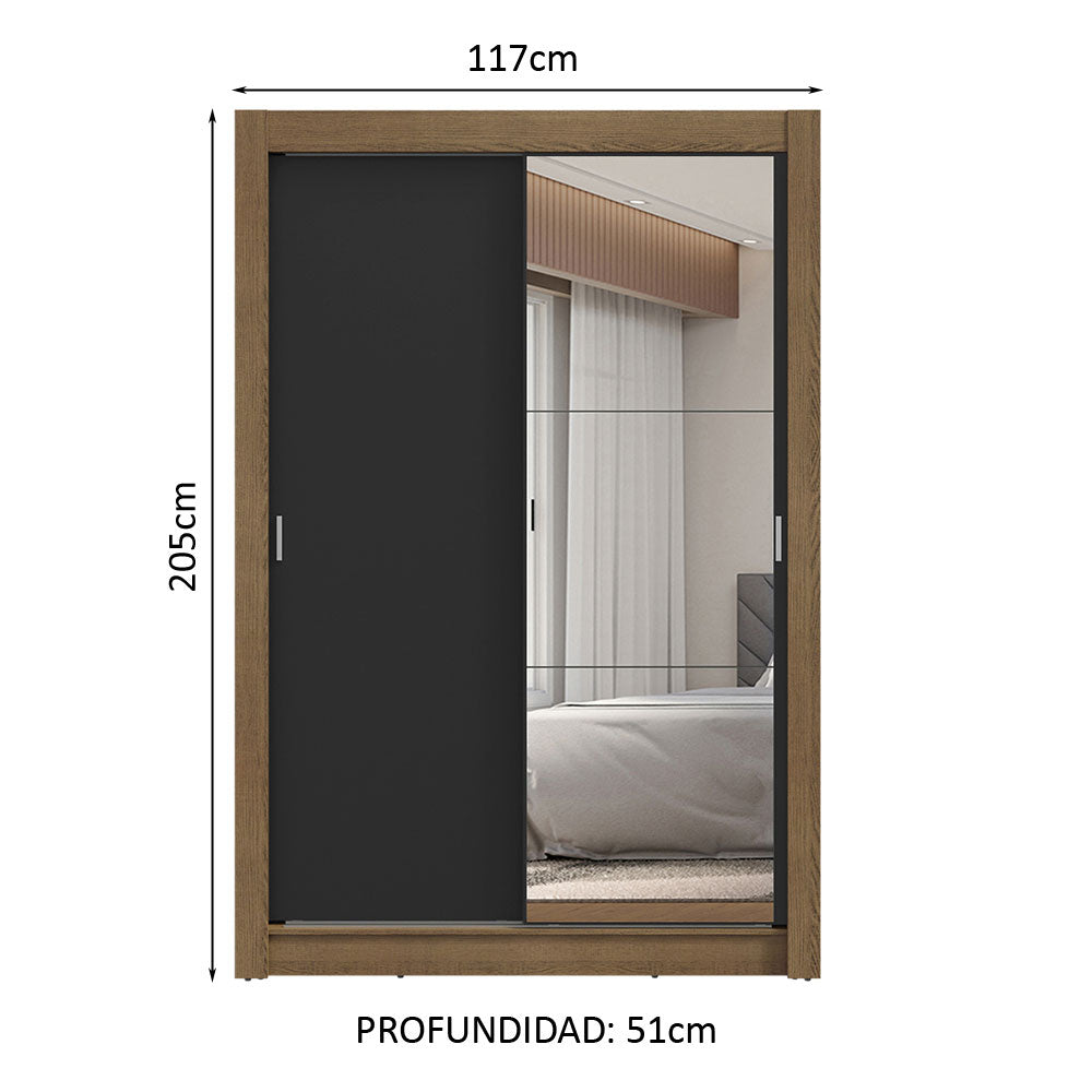 Placard Soltero 2 Puertas Corredizas con Espejo 2 Cajones Marrón/Negro Vivare