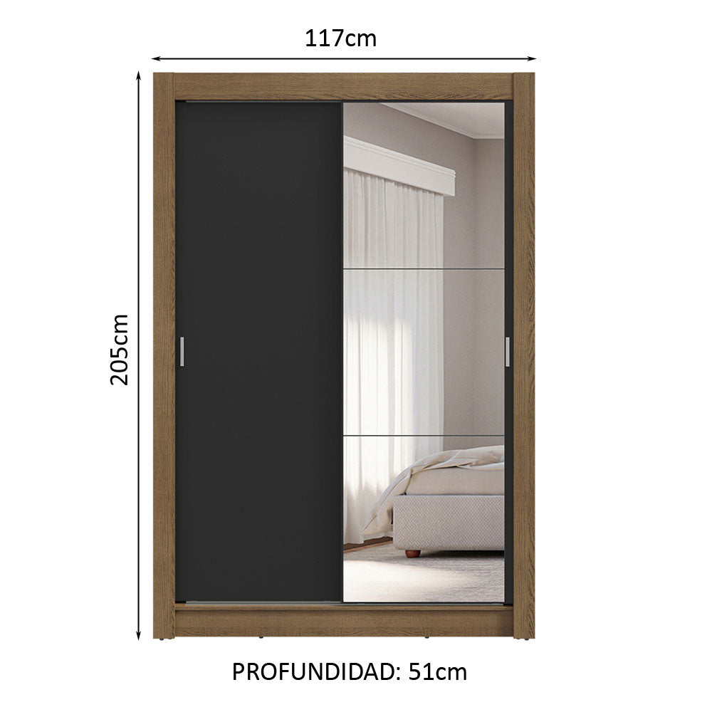 Placard Soltero 2 Puertas Corredizas con Espejo 4 Cajones Marrón/Negro Vivare Plus
