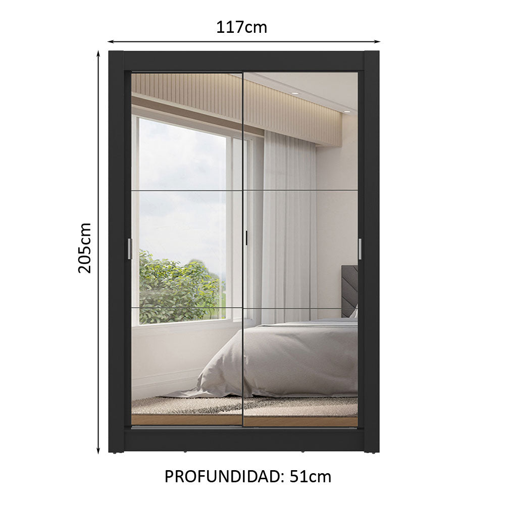 Placard 2 Puertas Corredizas con Espejos 2 Cajones Negro Vivare