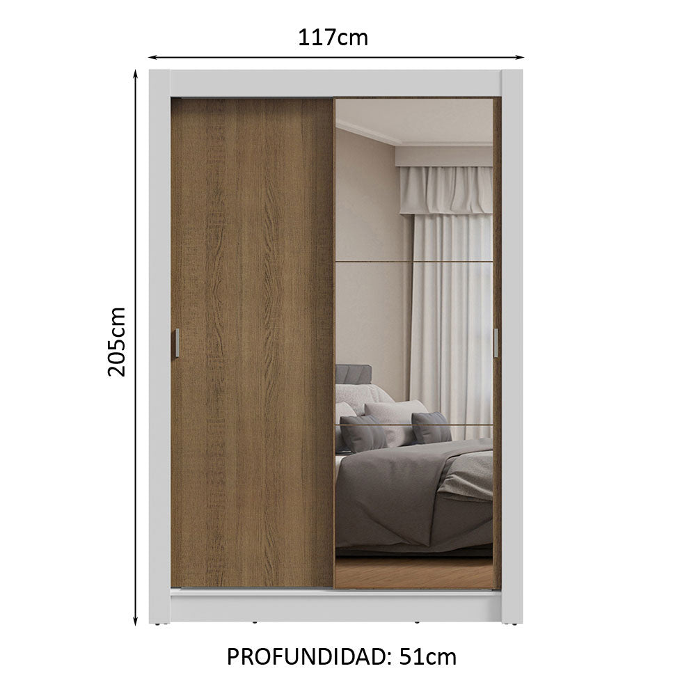 Placard Soltero 2 Puertas Corredizas con Espejo Blanco/Marrón Milano