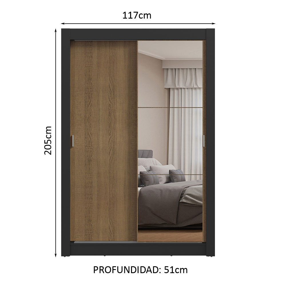 Placard Soltero 2 Puertas Corredizas con Espejo Negro/Marrón Milano