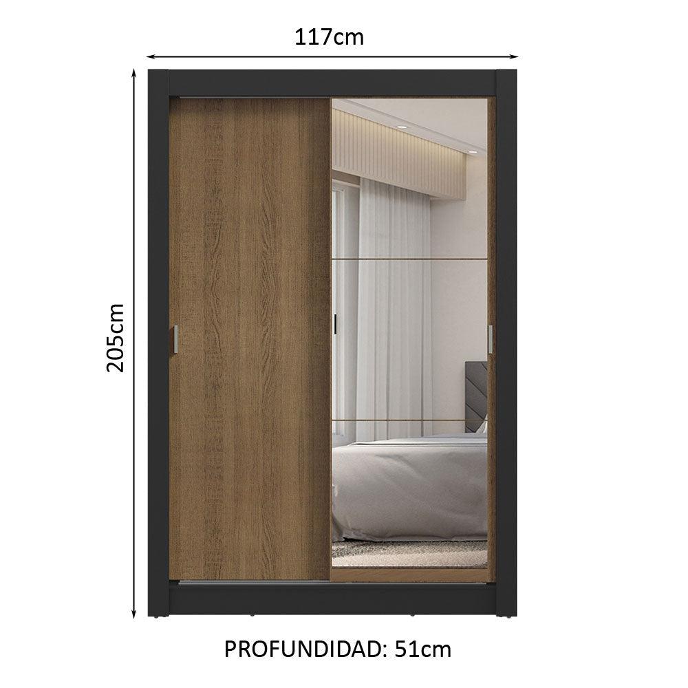 Placard Soltero 2 Puertas Corredizas con Espejo 2 Cajones Negro/Marrón Vivare