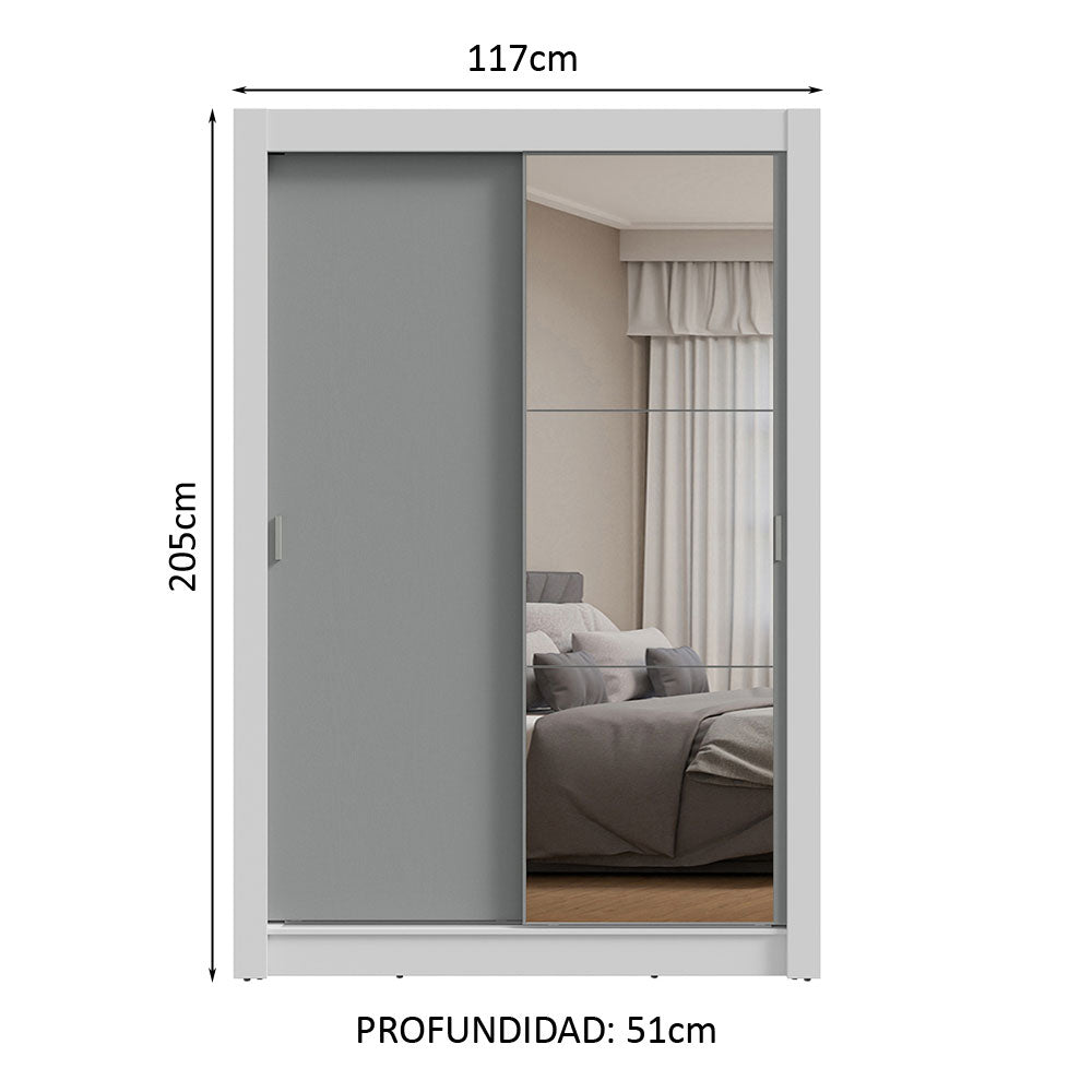 Placard Soltero 2 Puertas Corredizas con Espejo Blanco/Gris Milano