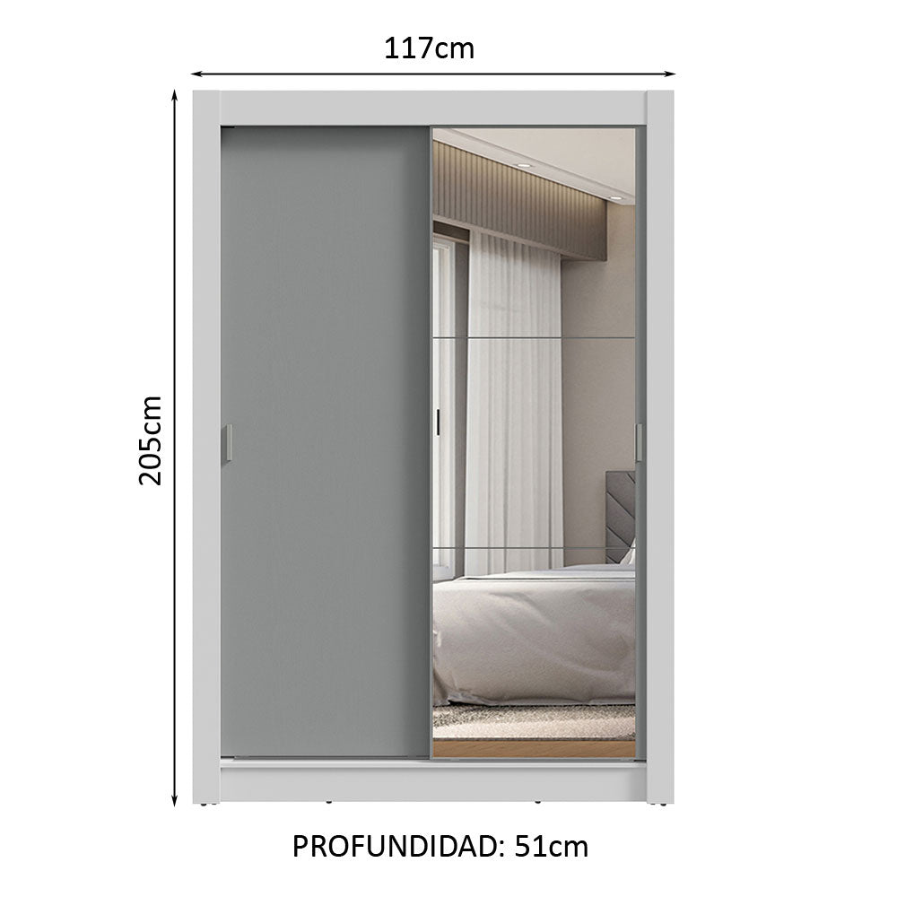 Placard Soltero 2 Puertas Corredizas con Espejo 2 Cajones Blanco/Gris Vivare
