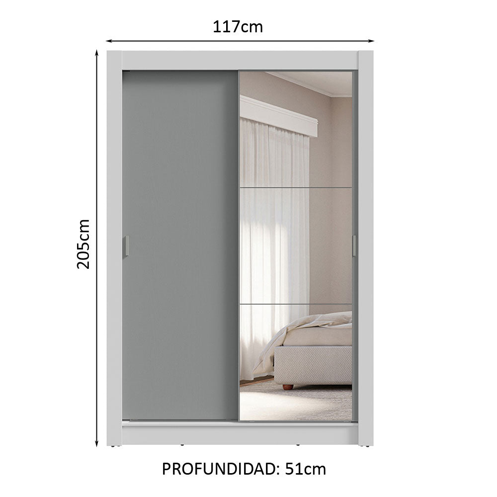 Placard Soltero 2 Puertas Corredizas con Espejo 4 Cajones Blanco/Gris Vivare Plus