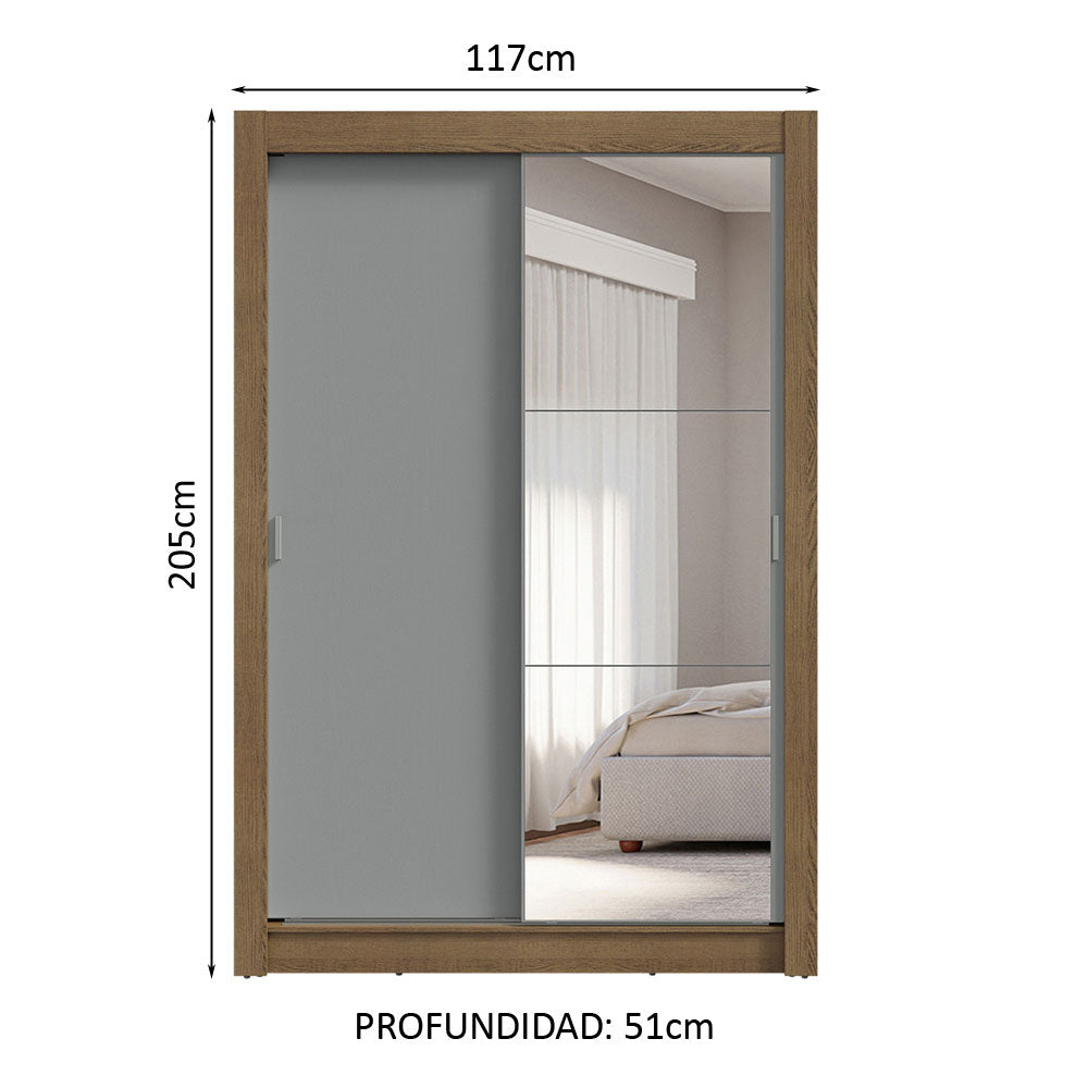 Placard Soltero 2 Puertas Corredizas con Espejo 4 Cajones Marrón/Gris Vivare Plus