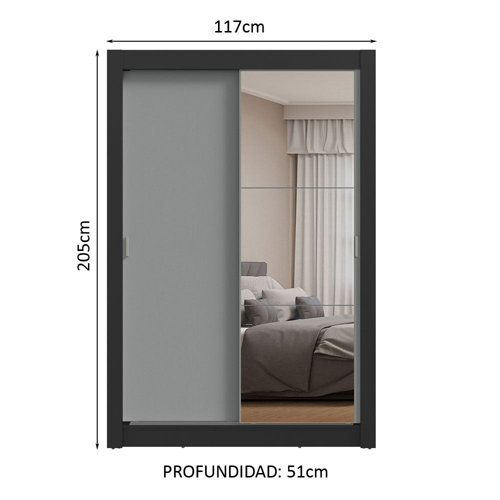 Placard Soltero 2 Puertas Corredizas con Espejo Negro/Gris Milano