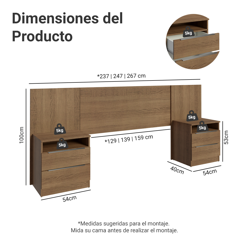 Respaldo de Cama Extensible Madesa con 2 Mesas de Luz Marrón