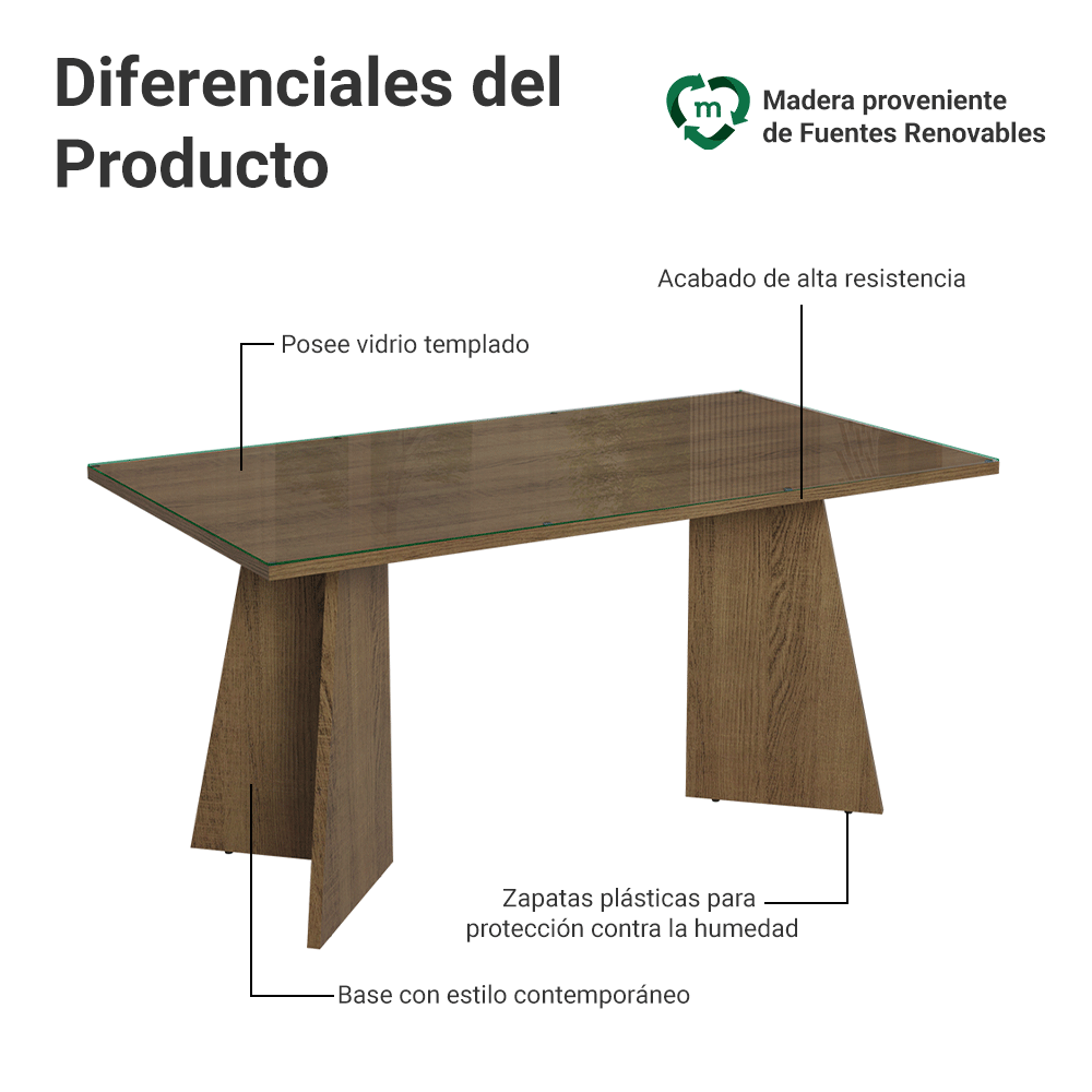 Mesa de Comedor Rectangular con Tapa de Vidrio 5389 Marrón