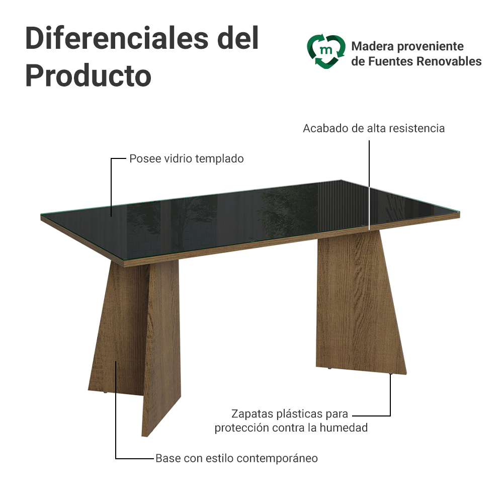 Mesa de Comedor Rectangular Tapa de Vidrio Sobrepuesto 160 cm Marrón/Negro Madesa