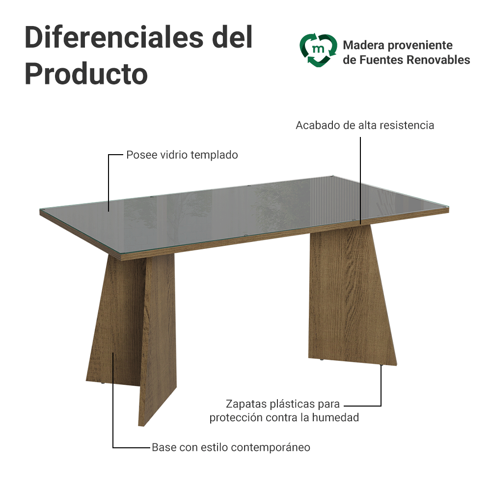 Mesa de Comedor Rectangular Tapa de Vidrio Sobrepuesto 160 cm Marrón/Gris Madesa