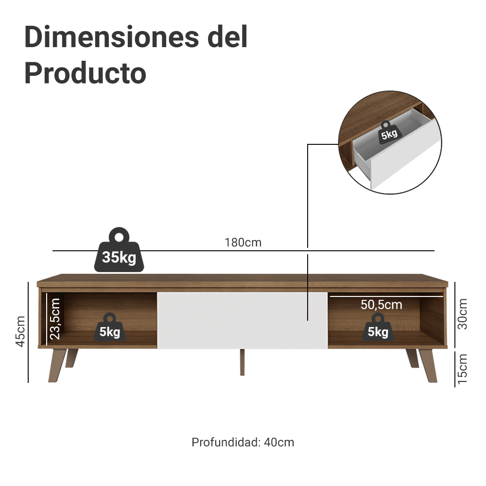 Rack para TV hasta 75 Pulgadas 180 cm 2 Puertas 1 Cajón Marrón/Blanco Dune Madesa