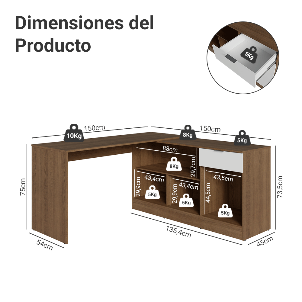 Escritorio Esquinero 300 cm Marrón/Blanco Roma Madesa