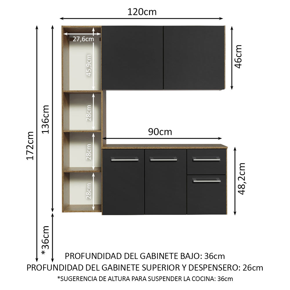 Cocina Compacta 120 cm 4 Puertas y 2 Cajónes Marrón/Negro Easy Madesa