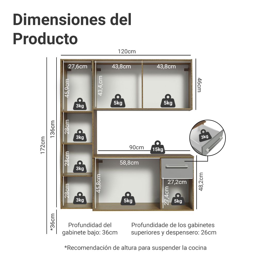 Combo completo de Cocina 120cm Marrón/Gris Easy