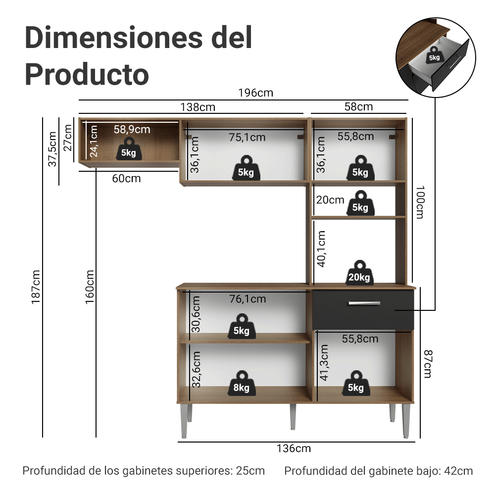Cocina Compacta 196 cm Aura Marrón/Negro