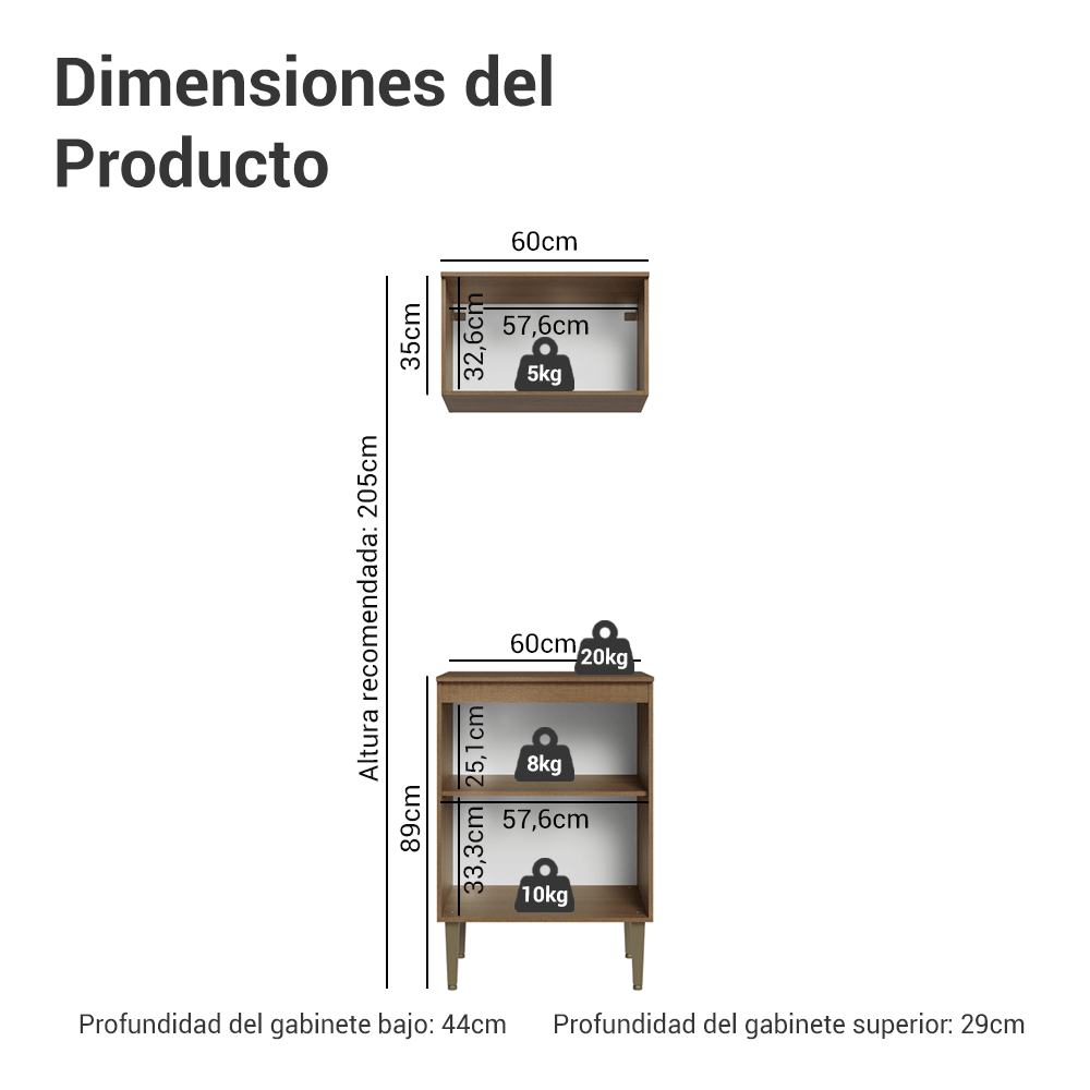 Kit Alacena y Bajo Mesada 60 cm 3 Puertas Marrón/Negro Lille Madesa