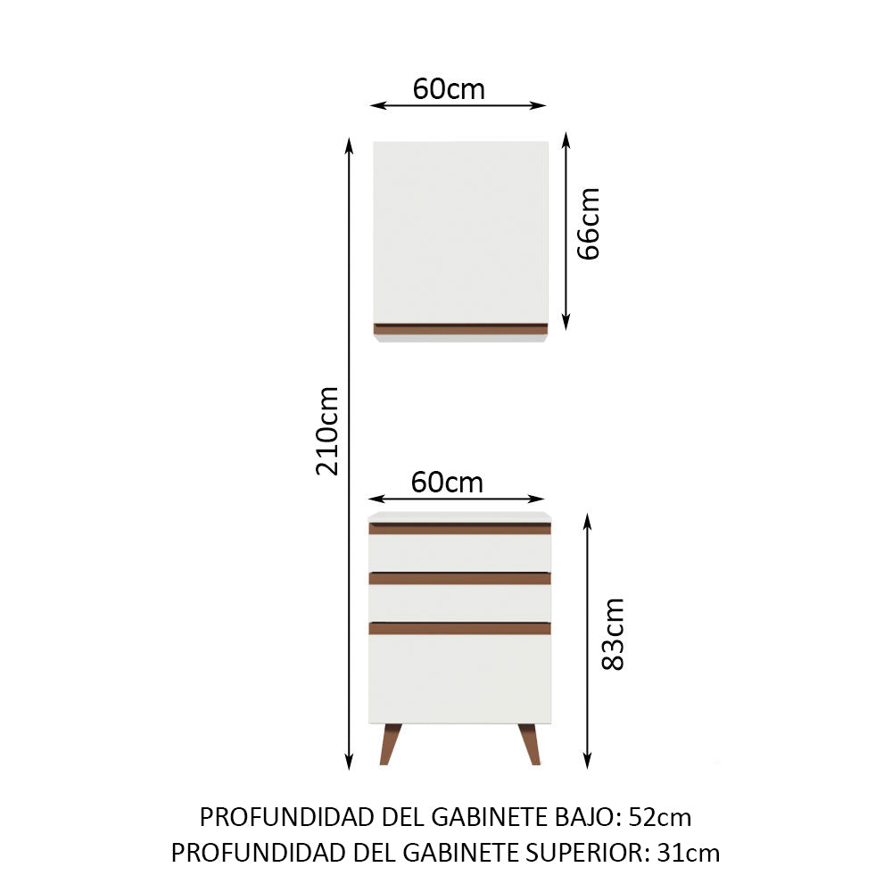 Kit Reims 60 cm con Alacena y Bajo Mesada con 3 Cajones Blanco