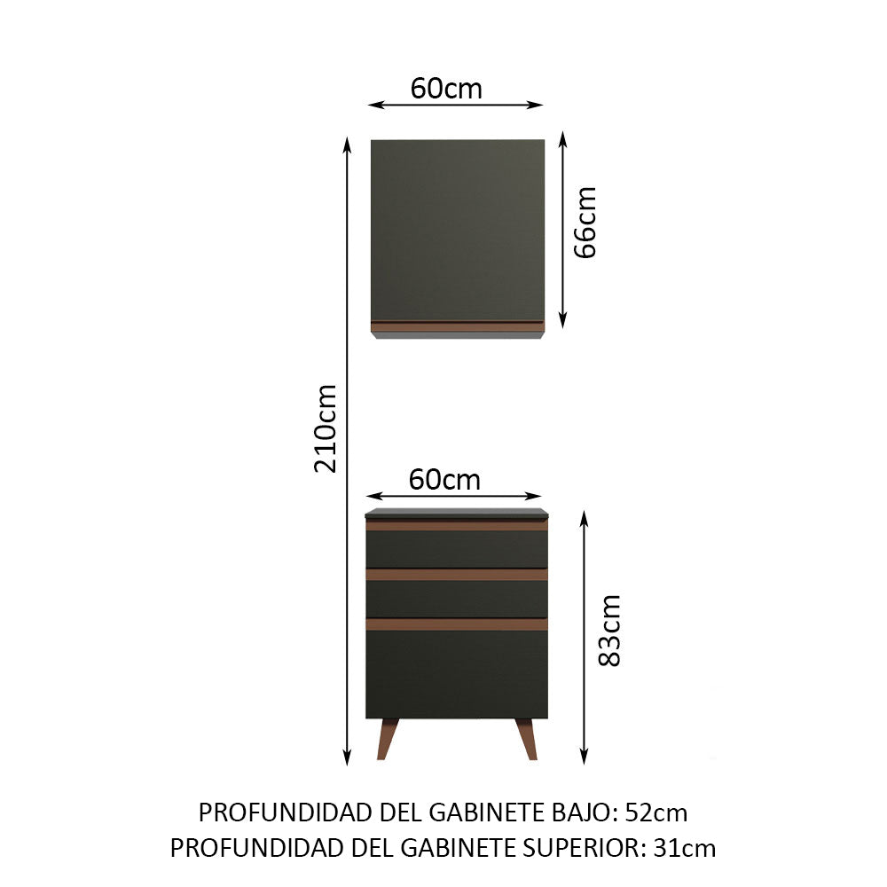 Kit Reims 60 cm con Gabinete Superior y Bajo con 3 Cajones Negro