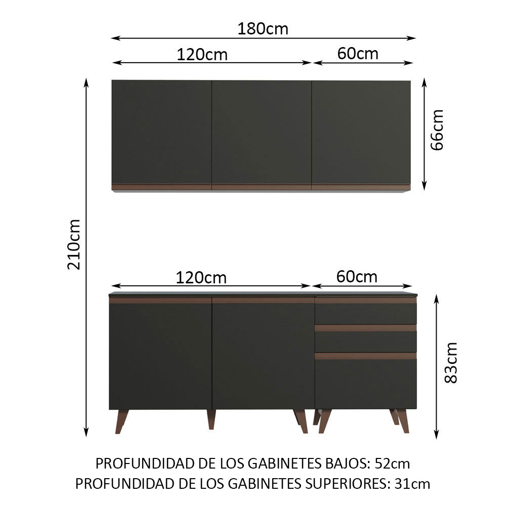 Cocina Compacta 180 cm 5 Puertas y 3 Cajones Negro Reims Madesa