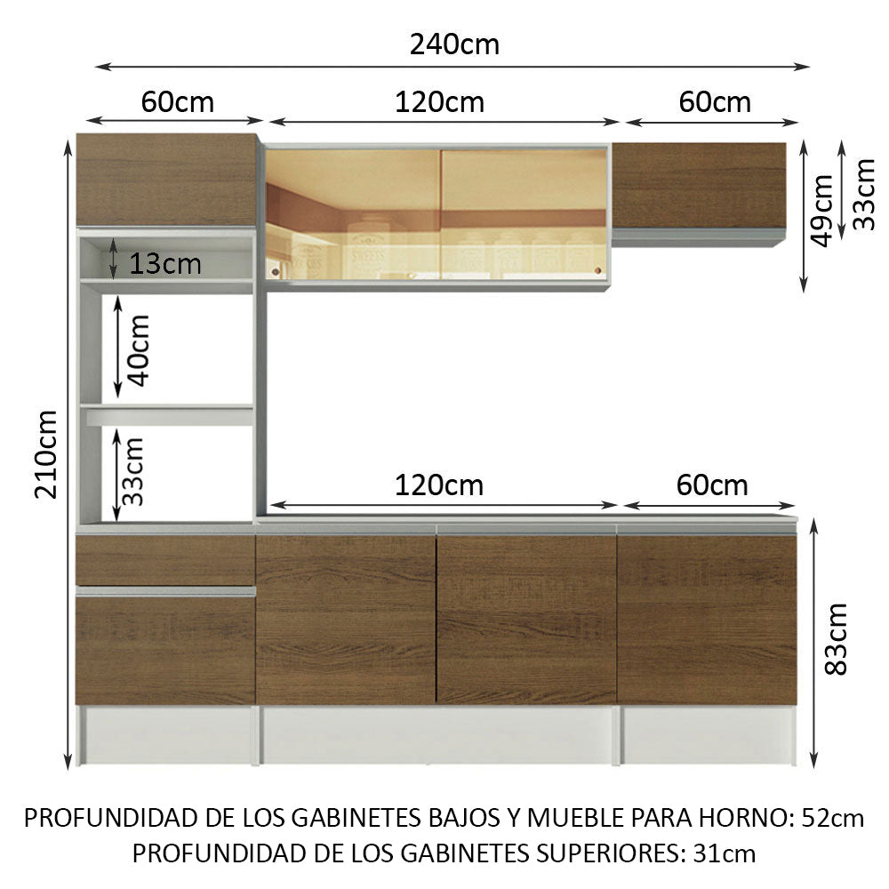 Combo completo de Cocina, 240cm, Diamante Blanco/Marrón