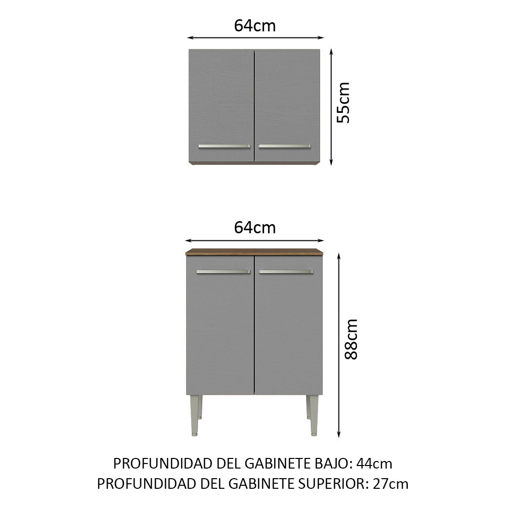 Kit Alacena y Bajo Mesada 64 cm 4 Puertas Marrón/Gris Emilly Madesa