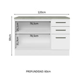 Bajo Mesada Cocina 120 cm x 60 cm, 3 Cajones 2 Puertas Agata Blanco