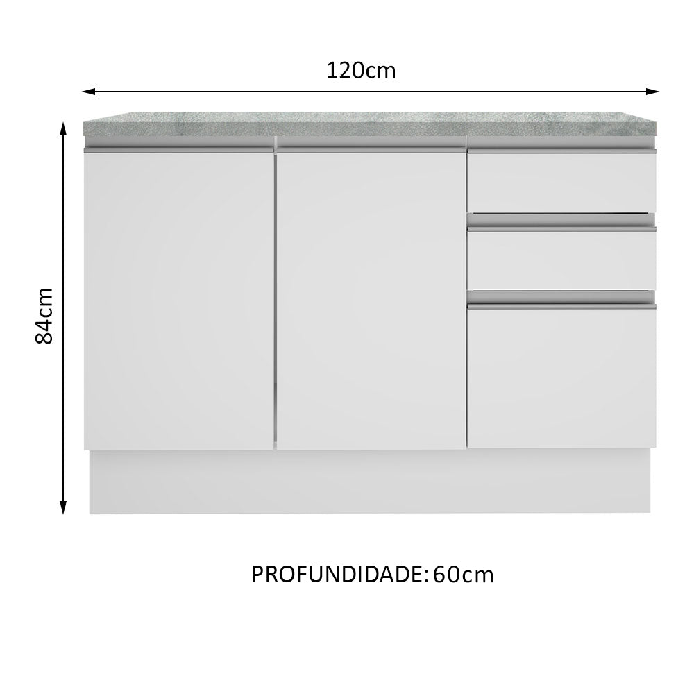 Bajo Mesada Cocina 120 x 60 cm 2 Puertas e 3 Cajones (Con Mesada) Blanco Glamy Madesa